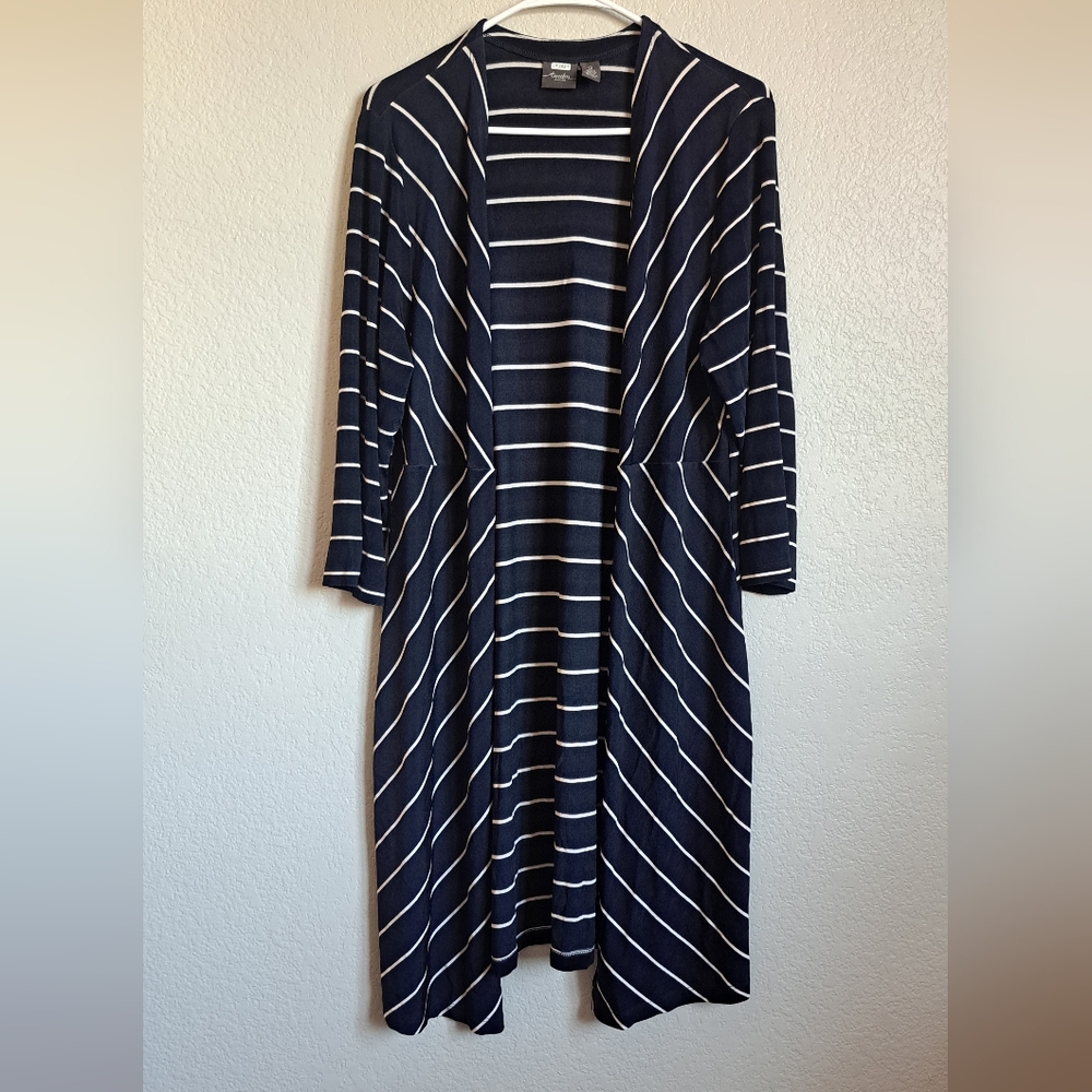 Chico's Travelers Collection Blue White Striped Duster Cardigan Size 2 (Medium)